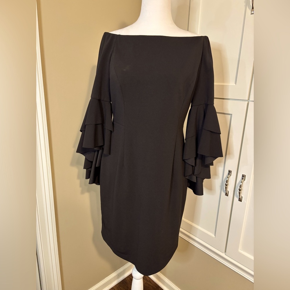 Antonio Melani Size 6 Off the Shoulder Black Sheath Dress with Ruffle Sleeves